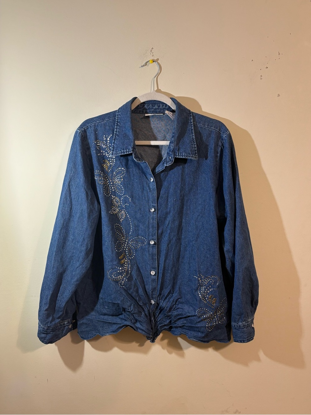 Blair denim shirt women’s Large Embellished beads‎ Butterfly Button-Up Shirt
